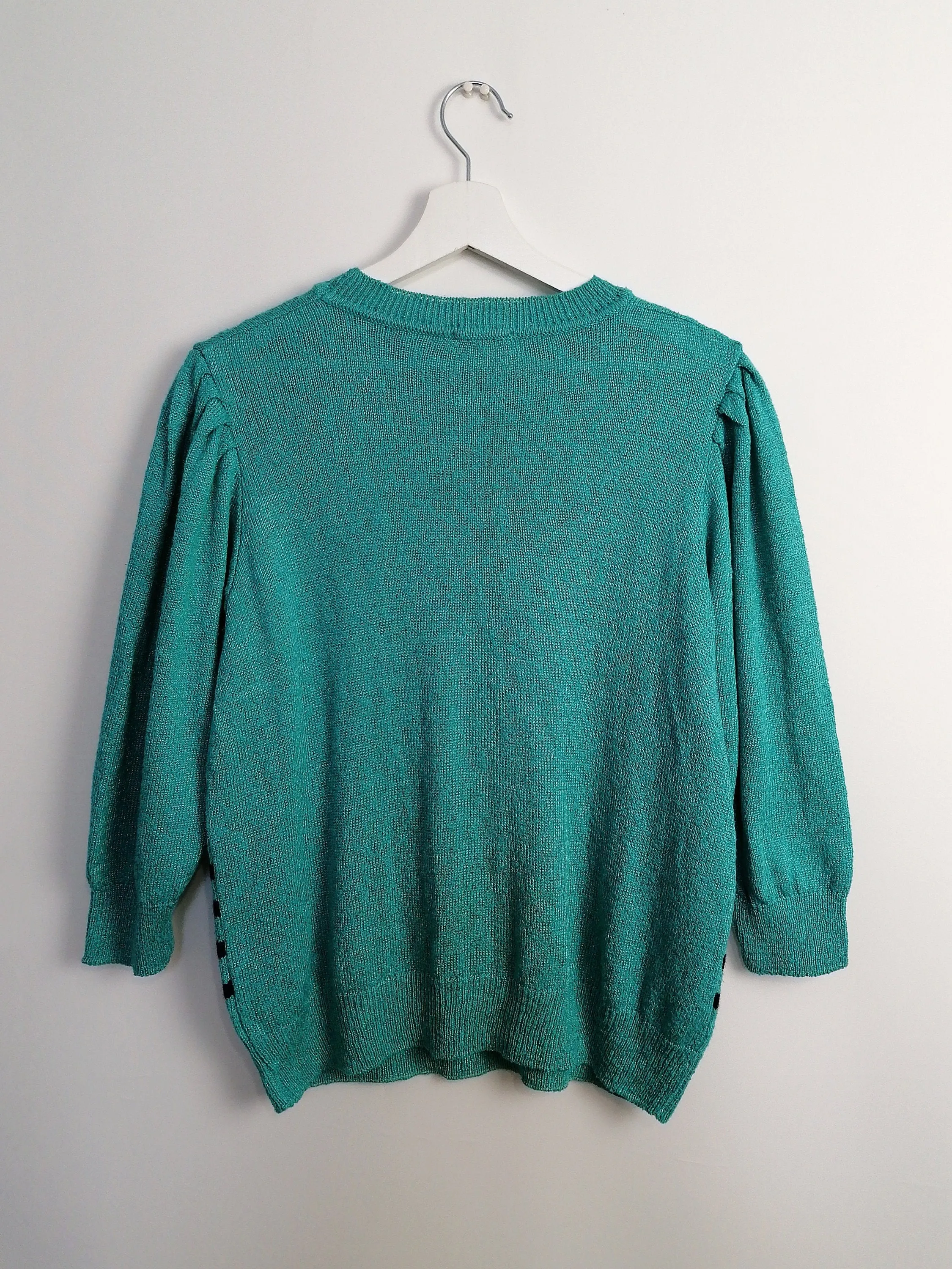 Vintage 80's Embroidery Knit Turquoise Retro Sweater