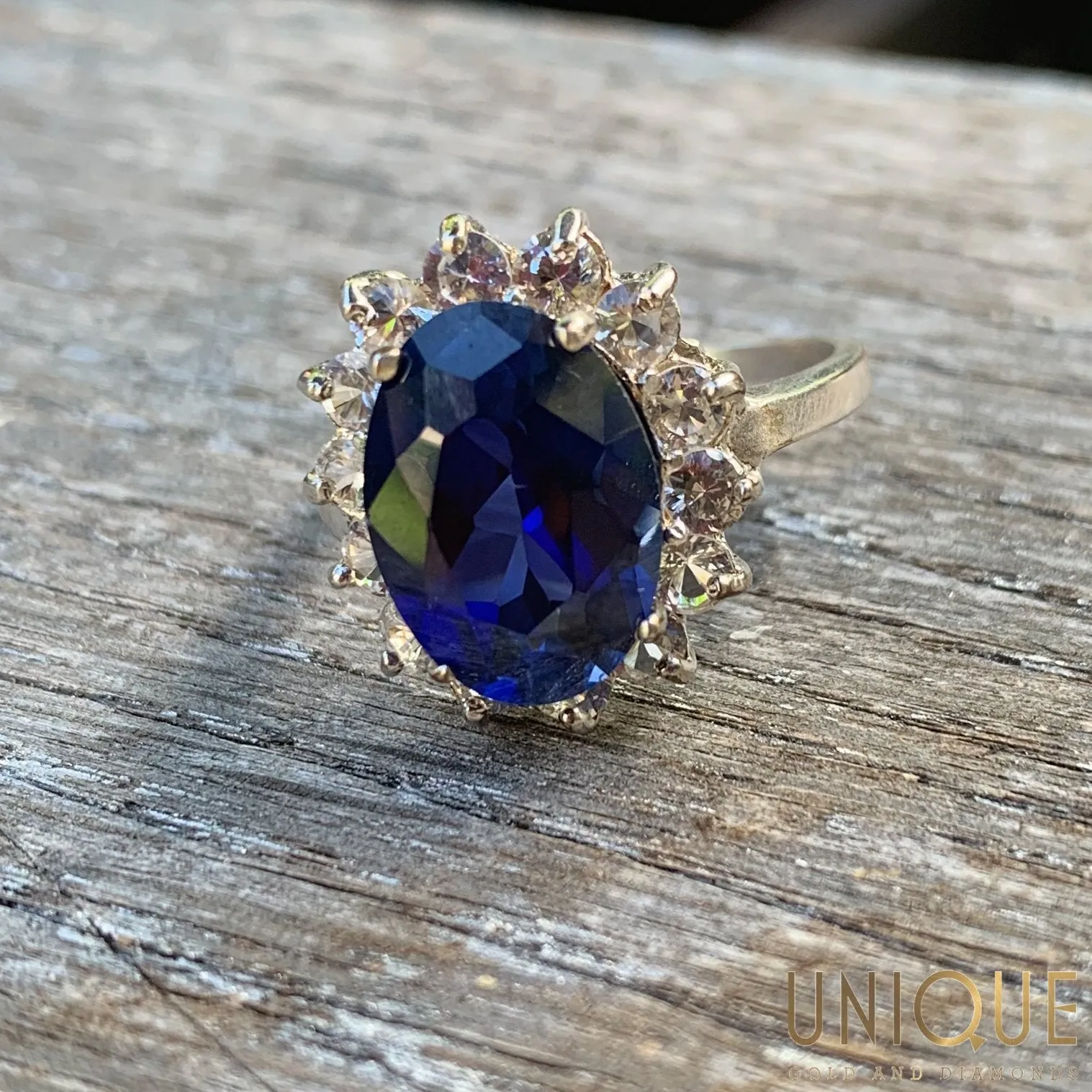 Vintage Sterling Silver Sapphire Cocktail Ring with CZ Halo