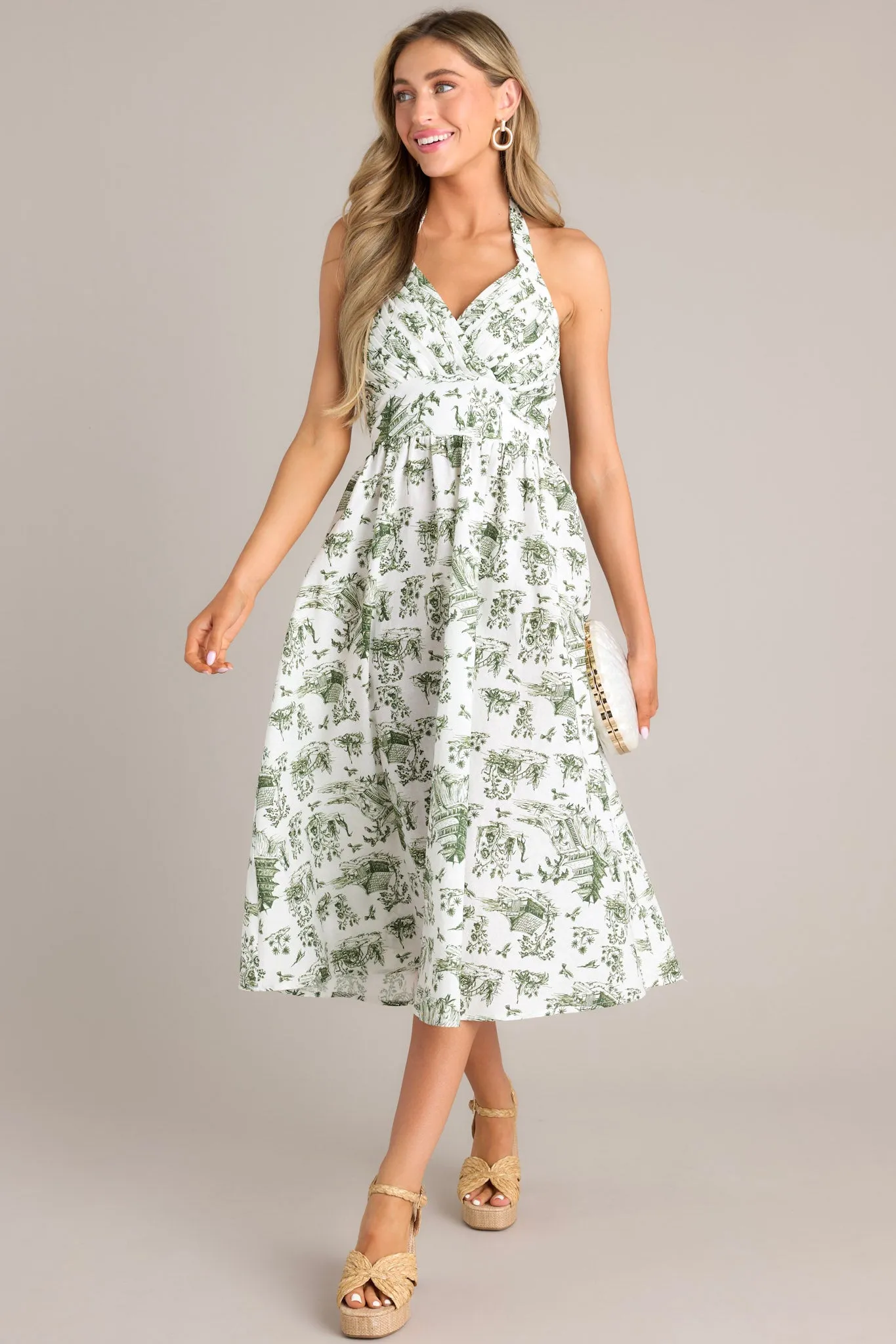 Vision To Creation Green & White Toile Halter Midi Dress