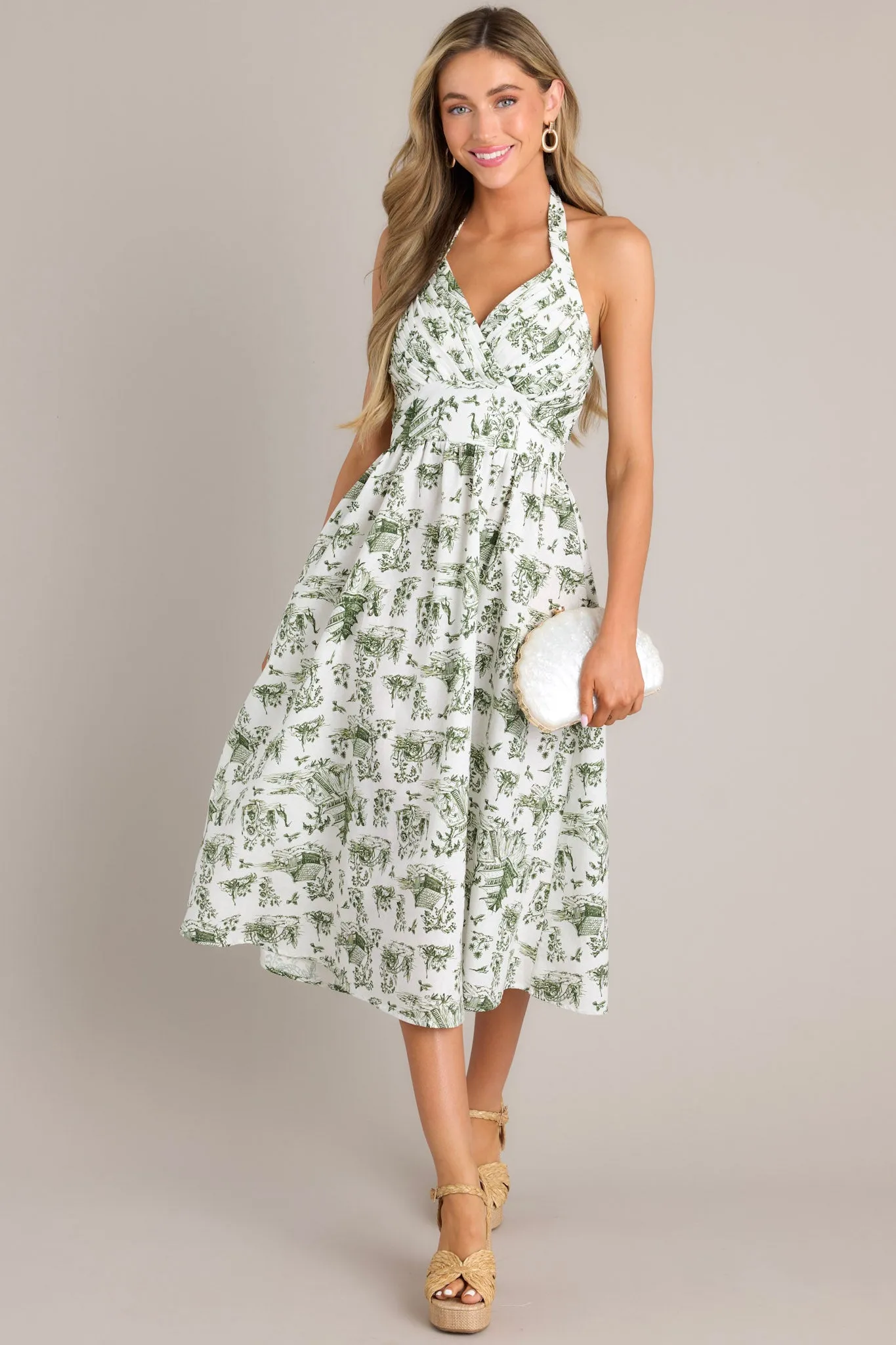 Vision To Creation Green & White Toile Halter Midi Dress