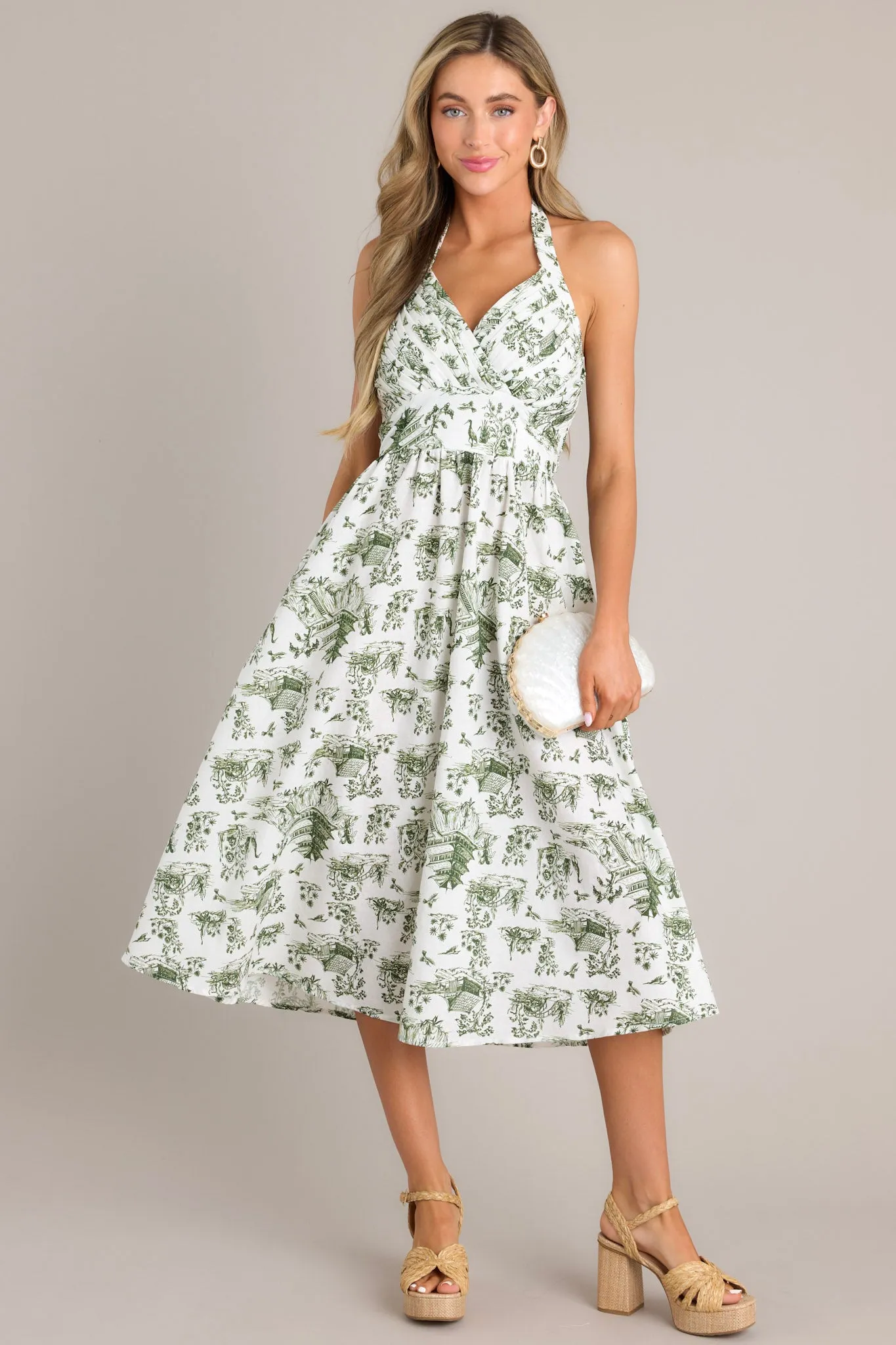 Vision To Creation Green & White Toile Halter Midi Dress