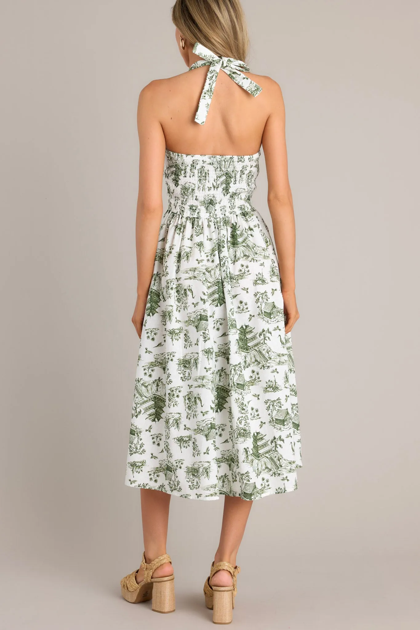 Vision To Creation Green & White Toile Halter Midi Dress