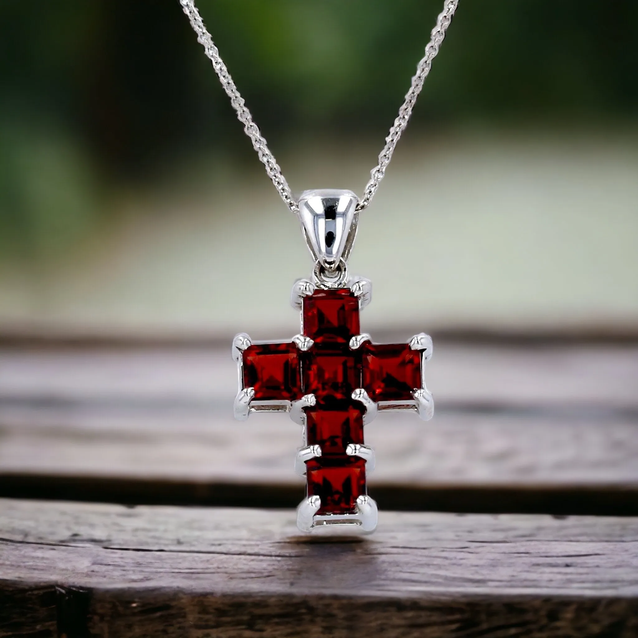 White 14k gold red garnet princess cut fancy solid cross